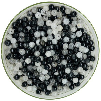 WHNKFB 8mm 50PCS Natural Black & White Mixed Rutilated Quartz Round Beads, Loose Crystal Beads for Jewelry Making Craft - 4mm 6mm 8mm 10mm Options with Free Elastic Cord