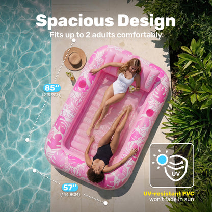 SLOOSH Inflatable Tanning Pool Lounger Float, 85" x 57" Extra Large Pool Floats Adult with Pillow, 4 in 1 Suntan Tub Raft Floatie,Sunbathing Bed Lounge for Water Blow Up Ball Pit, XL-Blushing Pink