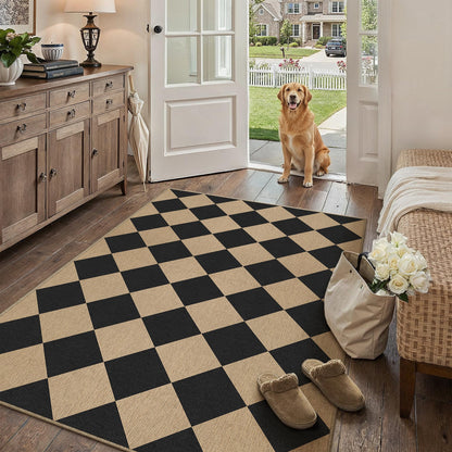 PureCozy 4x6 Checkered Easy Jute Area Rug for Living Room Checkerboard Washable Indoor Outdoor Carpet Farmhouse Patio Office Mat Geometric Non Slip Black Carpet for Dorm Backyard Dining Room