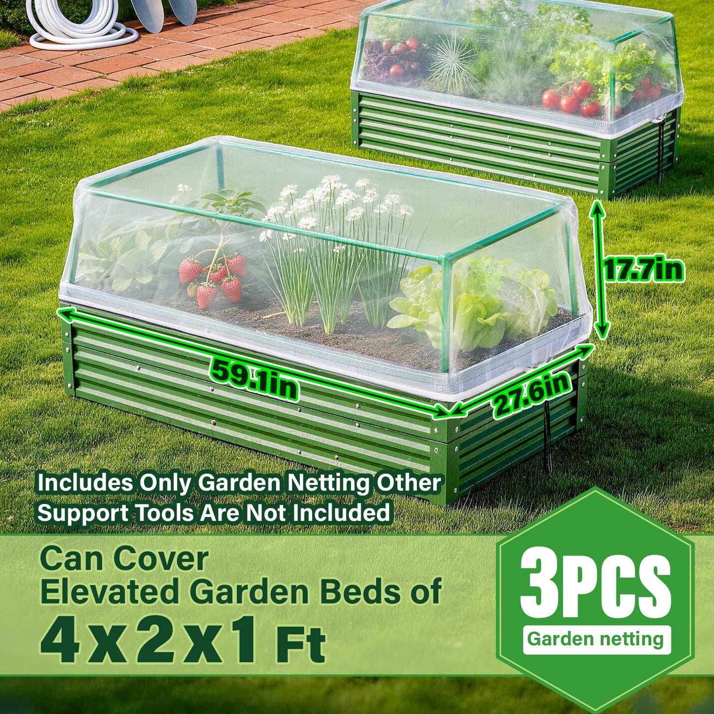 KEOHOL 3-Pack Garden Netting for Raised Beds, 4.9×2.3×1.4 Ft Rectangular Plant Covers with Ultra-fine Mesh, UV Protected HDPE Plant Netting for Vegetables Flowers Fruits