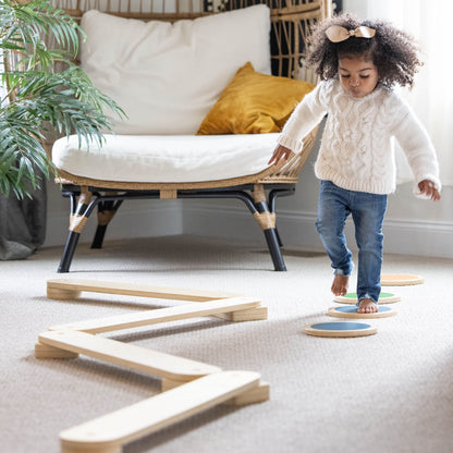 Little Partners Learn 'N Balance Toddler Balance Beam and Stepping Stones Set for Kids, Wooden Indoor Children's Activity Toy with 4 Colorful Stones, Portable Design, Hinged Sections