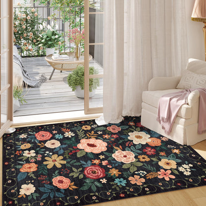 DUKINO 2x3 Rugs for Entryway, Floral Indoor Washable Door Mat, Non Slip Boho Small Rug for Kitchen, Soft Low Pile, Front Door Throw Rug for Entrance, Bedroom, Kitchen, Laundry, Bathroom, Black
