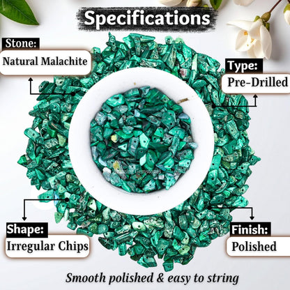 Malachite Pre Drilled Crystal Crushed Chips Beads for Bracelets Making, DIY Handmade Natural Healing Crystals (25 Inch Strand)