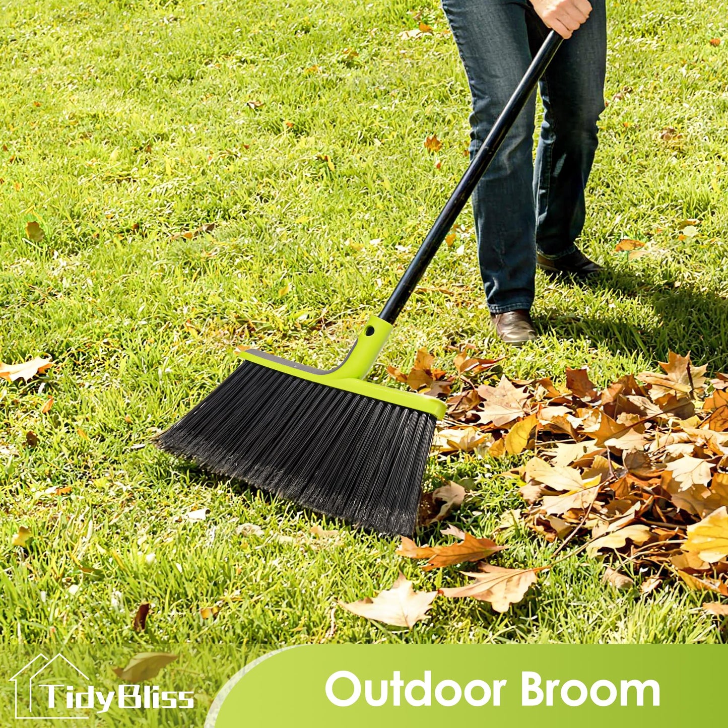 TidyBliss 2 Pack Outdoor Broom Heavy Duty, 56 inches Tall Commercial Soft Bristle Angle Brush for Sweeping Outside Patio Garden Porch Deck Shop Restaurant Garage House Lobby Hardwood Floors (Green)