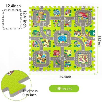 PLAY 10 Baby Play Mats for Floor, Foam Play Mat, Interlocking Foam Tiles City Road Track Puzzle Mat 9 Pieces
