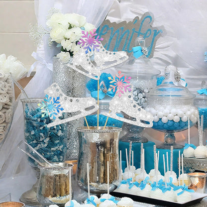 Ice Skating Centerpiece Sticks Snowflake Ice Sports Theme Party Decorations 12PCS Glitter Silver Ice Skate Baby Shower Table Topper Decorations for Skating Birthday Party Supplies
