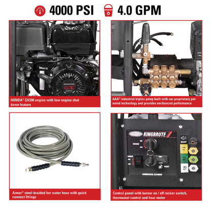 Simpson Cleaning 4000 PSI Gas Pressure Washer, 4.0 GPM Power Washer for Hot Water Use, Honda GX390 Engine, 50-Foot Steel-Braided Insulated Hose, King Brute, 49-State (KB65133)