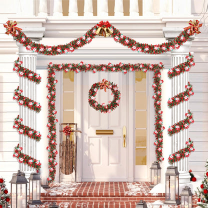 50FT Red Green Christmas Tinsel Garland with Santa Claus Ornaments, Metallic Twist Shiny Xmas Garland for Tree Decorations Fireplace Mantel Home Office Stair Party Outdoor Indoor Holiday Decor