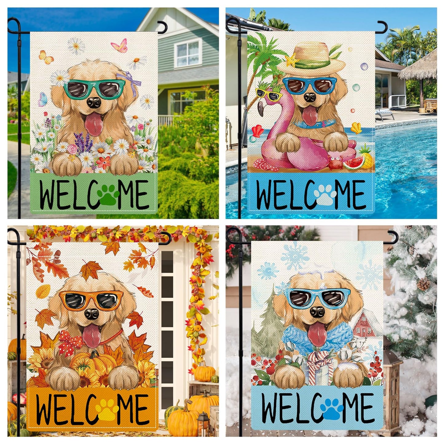 YOVOYOA Golden Retriever Garden Flags for Outside Set of 12, Puppy Dog Welcome Garden Flags 12x18 Double Sided for All Seasons and Holidays, Spring Easter Yard Lawn Flags for Farmhouse Outdoor Decor