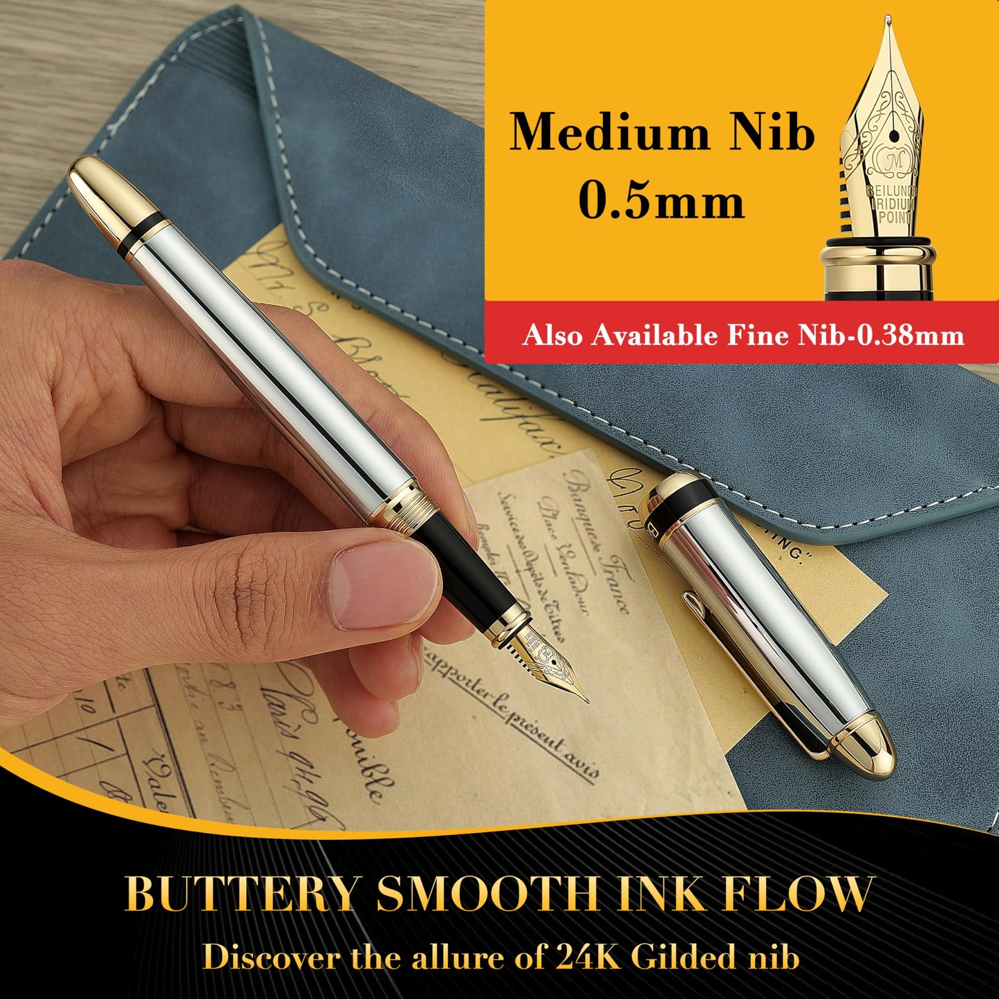 BEILUNER 315 Silver Chrome Fountain Pen,Stunning Luxury Pens with 24K Gold Accents, Gorgeous 24K Gilded Nib(Medium), Ink Converter,Fancy Pen Gift for Men&Women-Elegant, Office, Reliable, Nice Design