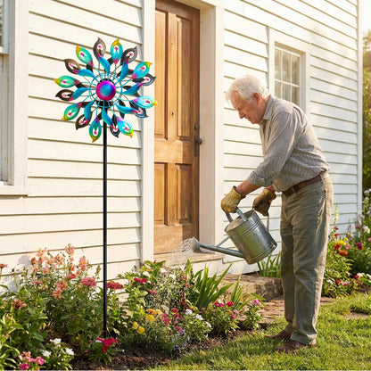 360°Peacock Solar Wind Spinner with Lights Blue Metal Garden Outdoor Decor Yard Lawn Art Decor for Patio Kinetic Windmills Unique Gifts for Friends and Family 51.9' H x 12.2'' Dia