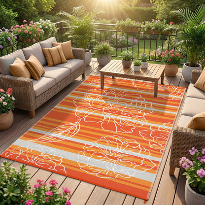 Garvee 6x9 Outdoor Waterproof Rug, Floral Outdoor Area Rug，Reversible Plastic Straw Patio Rug, Portable Camping Mat for RV, Picnic, Beach, Balcony, Garden & Camping Orange