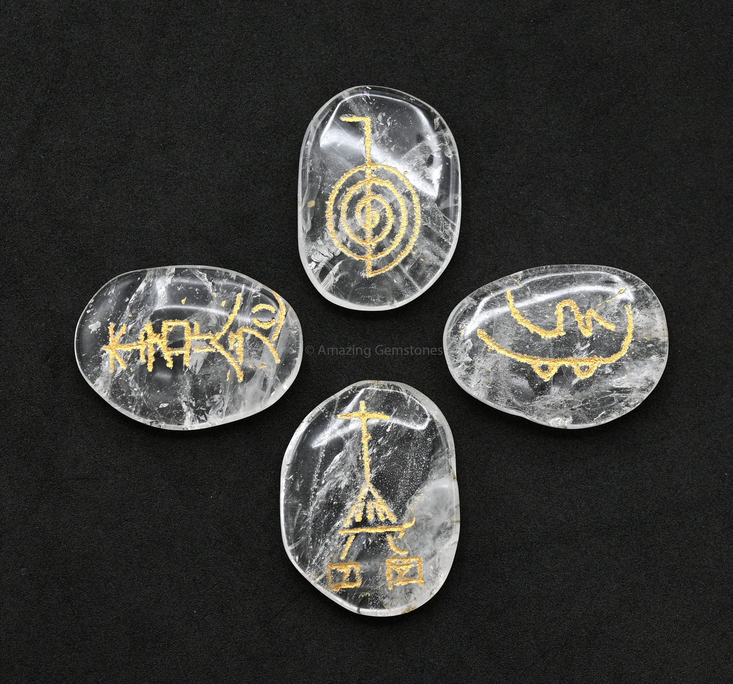 Amazing Gemstone Clear Quartz Crystal Reiki Stones with Engraved Symbols for Usui Reiki Healing, Set of 4 Pcs (Indian Handmade Reiki Gift Set)