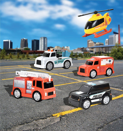 Sunny Days Entertainment Micro Mini City Vehicles – Rescue Toy Car and Truck Set for Kids | Firetruck Helicopter Police Ambulance | Free Wheeling with Moving Parts – Maxx Action