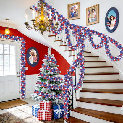 50FT Patriotic Tinsel Garland 4th of July Decorations, Fourth of July Red White and Blue Metallic Garland with Stars for July 4th Independence Day Memorial Day Home Indoor Outdoor Decor
