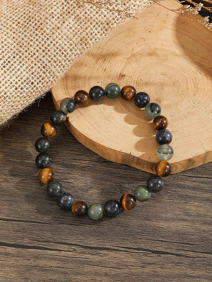 Crystal Vibe Triple Protection Bracelet - Tiger's Eye - Bloodstone - Iolite - Natural Gemstone Healing Bracelet - 8mm Beaded Bracelet for Protection Balance - Elastic Adjustable Size