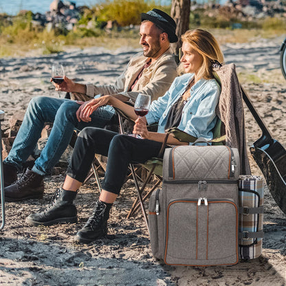 Picnic Backpack for 4, Picnic Basket Set, Leakproof Picnic Bag, Beach Cooler Backpack with Insulated Cooler Wine Pouch,Picnic Blanket, Double Deck Picnic Backpack for Beach,Camping,Park(BrushedKhaki)