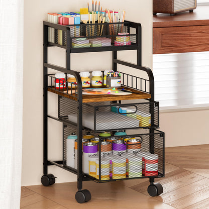 SWTYMIKI Rolling Cart with Drawers - Metal Utility Cart with Wood Shelf, DIY Divider and Locking Wheels, Craft & Art Cart Organizer for Under Desk Storage for Home Office Studio, Espresso