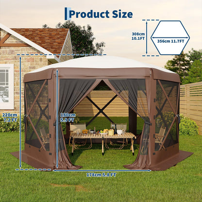 GarveeLife 11.5x11.5FT 6-Sided Pop Up Gazebo Tent，One-Push Setup Canopy Tent with Mesh Panels & Removable Wind Cloths, Outdoor shelter for Camping, Backyard Parties, Outdoor Events - Beige & Khaki