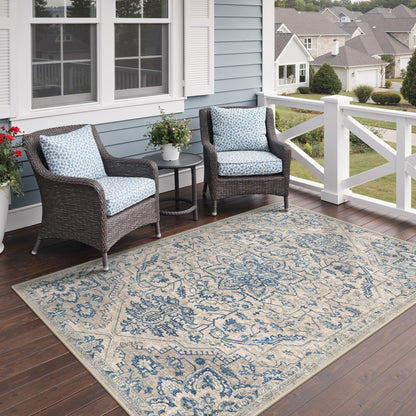 GENIMO Outdoor & Indoor Area Rug 5'x8', Waterproof, Non-Shedding, Easy Cleaning, Boho Front Door Mat for Patio, Entryway, Porch, Living Room, Bedroom, Bathroom, Outside Carpet Beige Blue