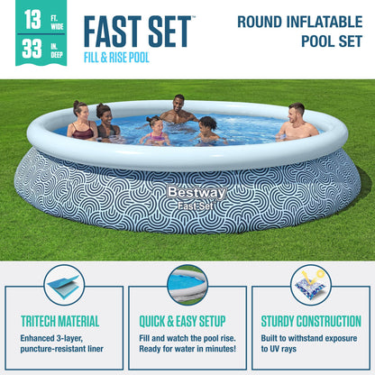 Bestway Fast Set 13' x 33" Round Inflatable Above Ground Swimming Pool Set, Outdoor Family Pool with Filter Pump, Rattan Print
