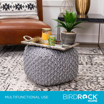 BIRDROCK HOME Square Pouf Ottoman | Cotton Braided Foot Stool with Bean Bag Filling | Boho Foot Rest for Living Room, Bedroom | Compact & Comfortable Seating, Lightweight & Sturdy | Grey
