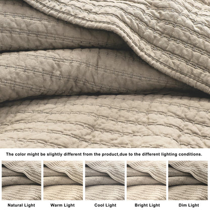 WDCOZY 100% Cotton Queen Size Quilt Set - Beige Neutral Striped Pick Stitch Soft Lightweight Bedspread, Textured Like Linen, Farmhouse Country Rustic Coverlet, Shabby Chic Gauze Bedding, 3 Pieces