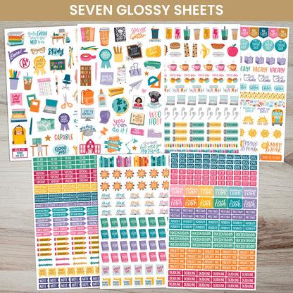 bloom daily planners Student Planner Stickers - 8 Sheets / 672 Stickers - Essential School Themed Variety Pack for Academic Year Planning - Icons & Illustrations to Track Assignments, Exams, & More