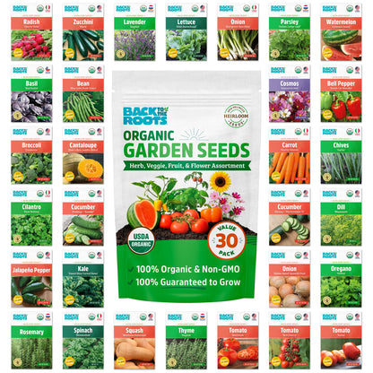 Back to the Roots Heirloom Organic, Non-GMO & USA Grown Seeds, 30ct Herb, Fruit, Flowers, and Veggies, Assortment May Vary, Guaranteed to Grow