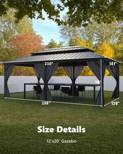 GarveeLife Hardtop Gazebo 12 ft x18 ft for All Weather, with Double Metal Roof, Net, and Curtain, Permanent Building for Patio, Deck, Backyard, Lawn, and Garden