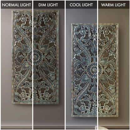 Madison Park Wall Art Living Room Décor - Floral Antiqued Wooden Carving Wall Decor Panel, Copper Embellished, Ready to Hang Wall Decor for Bedroom, 15.75"W x 31.5"L x 0.59"D, Patina Blue, 2 Piece