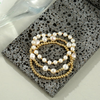 Gold Pearl Bracelets for Women Baroque Beaded Stackable14K Gold Plated Stretch Bead Ball Bracelet Jewelry Gifts （3PCS)