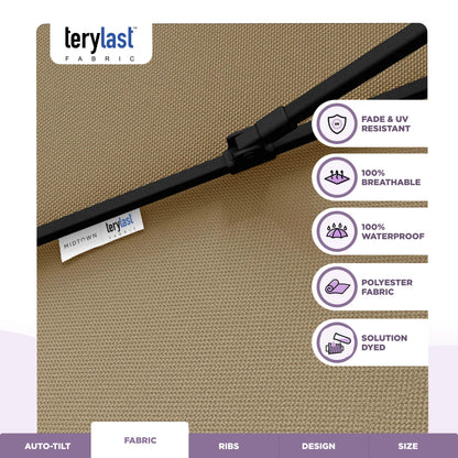 Midtown Umbrellas - 10-Year-No-Fade 9 Ft Patio Umbrella with Terylast Fabric, Auto-Tilt Aluminum Frame and 8 Reinforced Ribs for Deck, Pool, Garden & Beach - Chestnut Beige Canopy, Black Pole