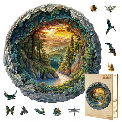 Jollitot Wooden Puzzles, 3D Cave Forest Puzzle 300 Pieces, Unique Animal Shaped Wood Challenging Jigsaw Puzzles Ideal for Adults, Premium Wood Gift Box 13.4x13.3in