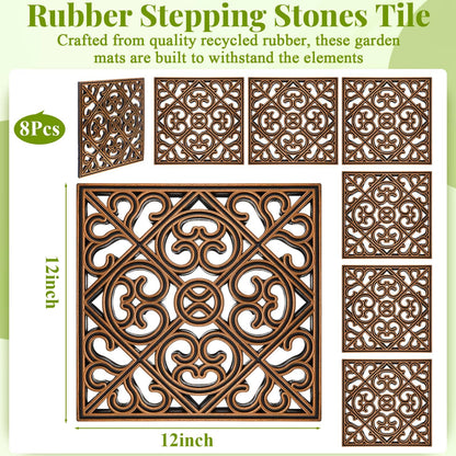 Pangda 8 Pcs Rubber Stepping Stones Outdoor Garden Walkway, 12 x 12 Inch Heavy Duty Pathway Pavers Retro Decorative Stepping Stones for Outside Landscaping Yard Lawn Path(Copper,Cross Square)