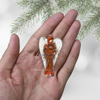 Amazing Gemstone Red Jasper Guardian Angel Figurine Pocket Crystal Angel for Protection - Orgone Guardian Angel with Orgonite Layer and Natural Crystal for Healing Gift (2 Inch, Organite)