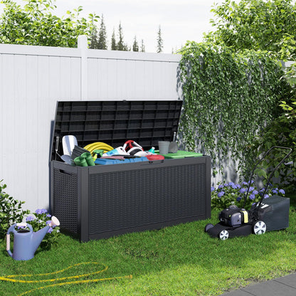 EasyUp 120 Gallon Waterproof Deck Box, Lockable Resin Outdoor Storage Box, Durable Storage Bin with Reinforced Hydraulic Rod for Patio Furniture, Garden Tools, Pool Accessories, Indoor Cushion, Black