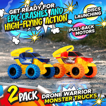 Team Power Monster Truck Toys Drone Warrior, Disc-Launching 2-Pack 5.2" Battle Trucks with Pull-Back Motors, Age 3, 4-7 and Above for Boys & Girls [Amazon Exclusive]