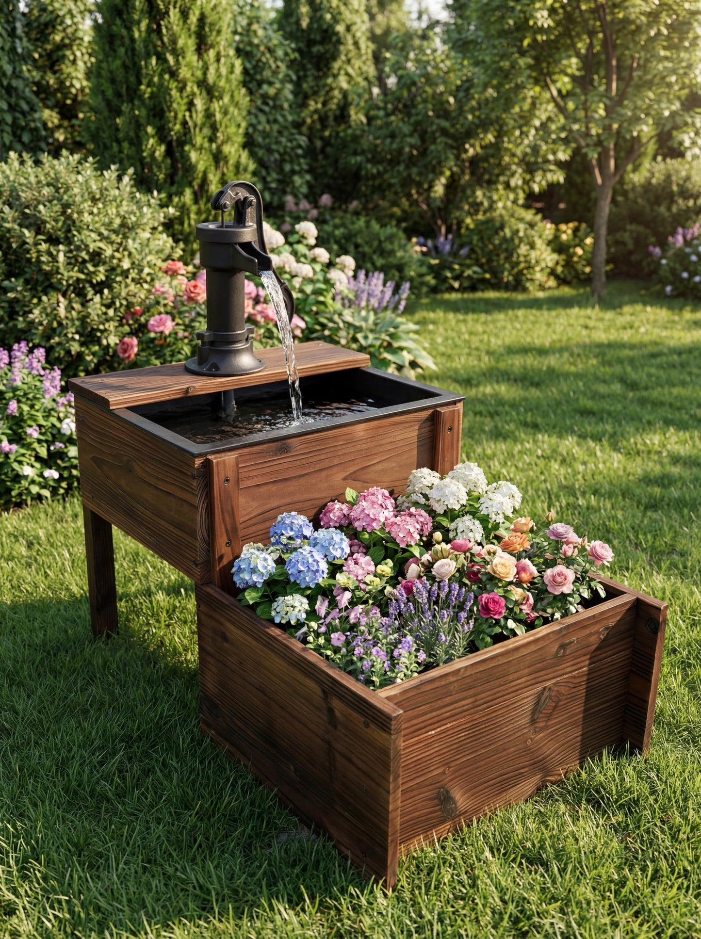 Borsynium,Outdoor Water Fountain，Floor Wooden Rectangular Double-Layer Old-Fashioned Pump Fountain with Flower Box，Plug-in Electric Decorative Hand Pump,Outdoor Water Feature for Garden Patio Backyard
