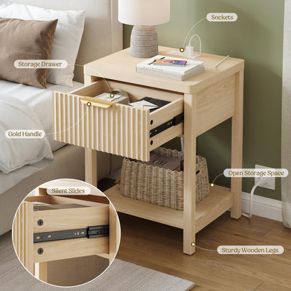 Lulive Night Stand Set 2, Fluted Nightstand with Charging Station, Wood Modern Bedside End Table with Storage Drawer for Bedroom, Save Space (Set of 2, Natural Oak)