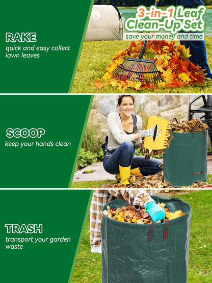 Garden Rake for Leaves Lawns, 3-in-1 Gardening Tools Set with 5 ft Metal Rake, Leaf Scoops Hand Claws, 32 Gallon Reusable Yard Waste Bag, Heavy Duty 25-Tine Rakes for Quick Pick Up, Clear n Collect
