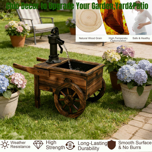 NestNature Outdoor Water Fountain,Wooden Wagon Wheel Pump Old-Fashioned Fountain,Electric Decorative Hand Pump, Outdoor Water Feature for Patio, Garden & Indoor Decoration