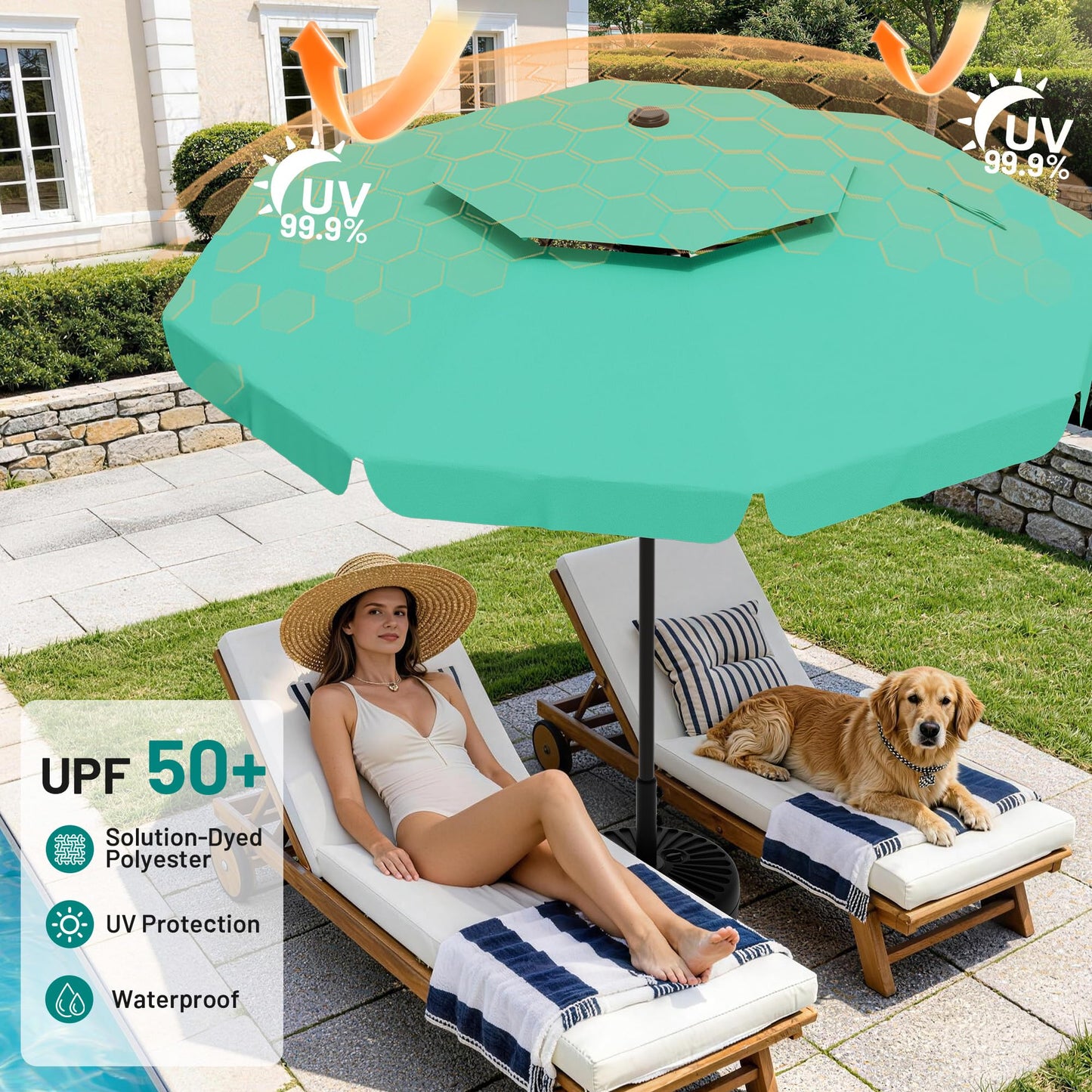 AreShark 9ft 2-Tier Patio Umbrella with Valance - Outdoor Umbrella Waterproof UV Protection, Market Table Umbrella w/Push Button Tilt&Crank for Pool, Porch, Garden(Turquoise)