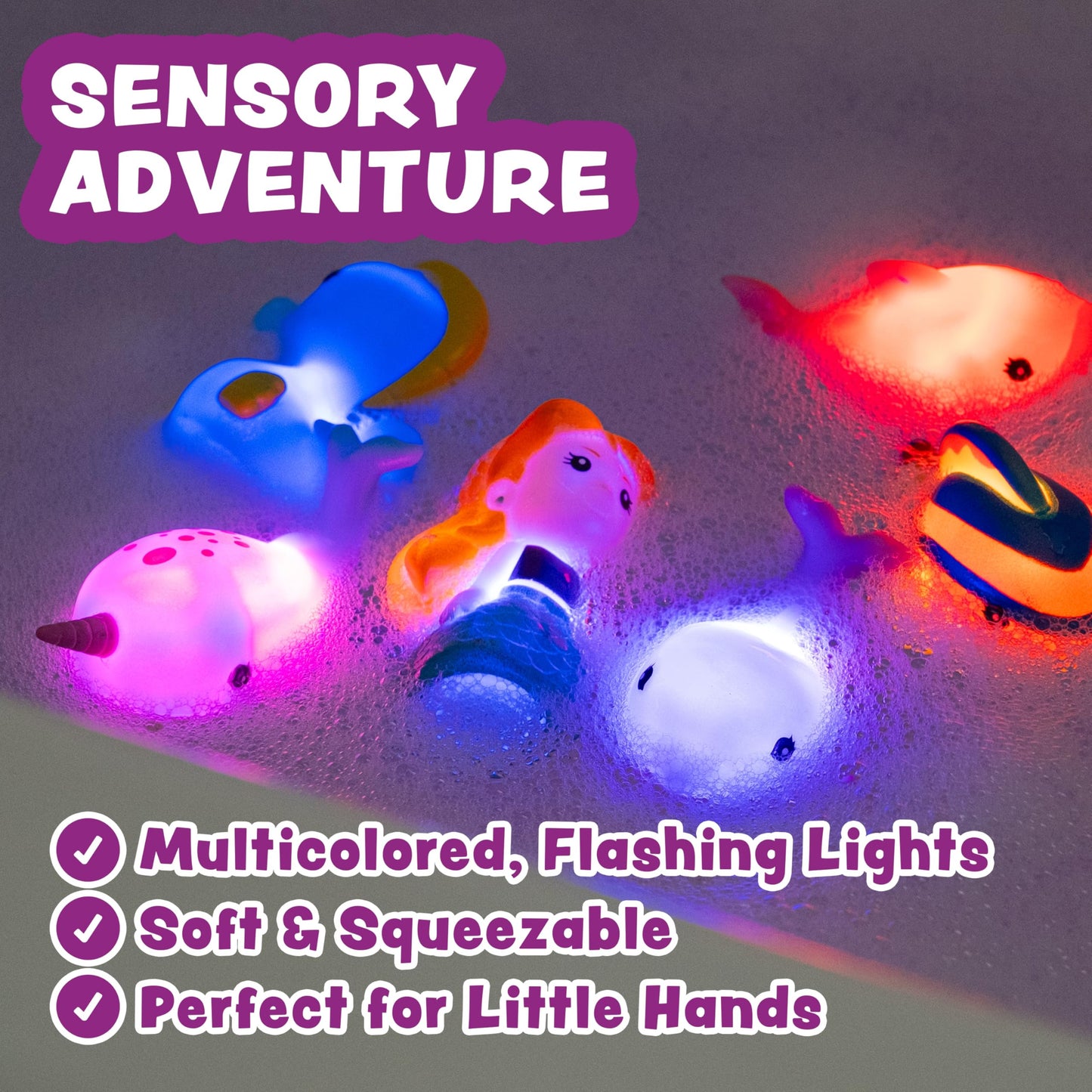 Tub Works® Mermaid Lagoon™ Light Up Bath Toys, 6 Pack | Water-Activated Light Up Toys Flash & Change Color | Easy-Grip Baby Girl & Toddler Bath Toys | Sensory Mermaid Toy Bathtub Toys with Bath Lights