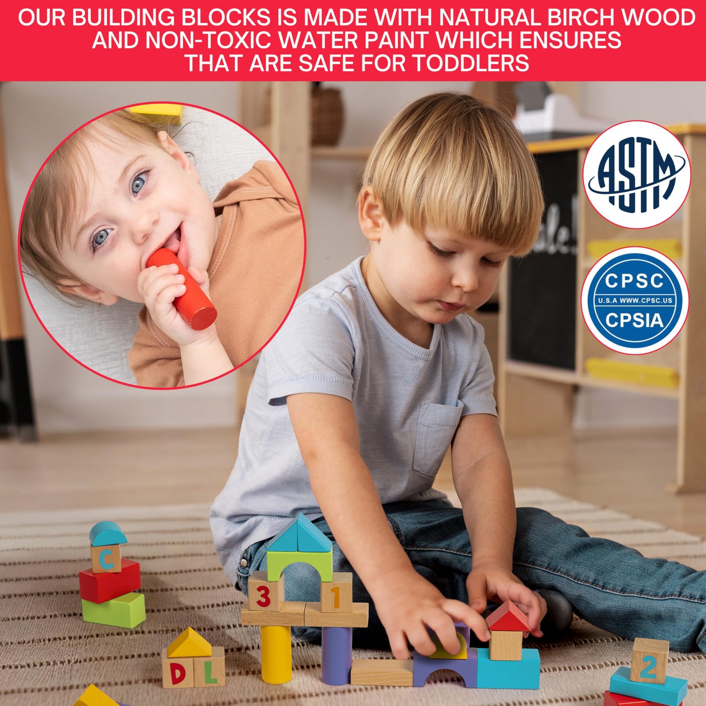 MOMOARI Alphabet Number Wooden Building Blocks Set -100 Blocks in 5 Water Paint Colors and 7 Shapes. Preschool Montessori Kids Baby Toys. Stacking Learning Toys for Toddlers. Age 18 Months +
