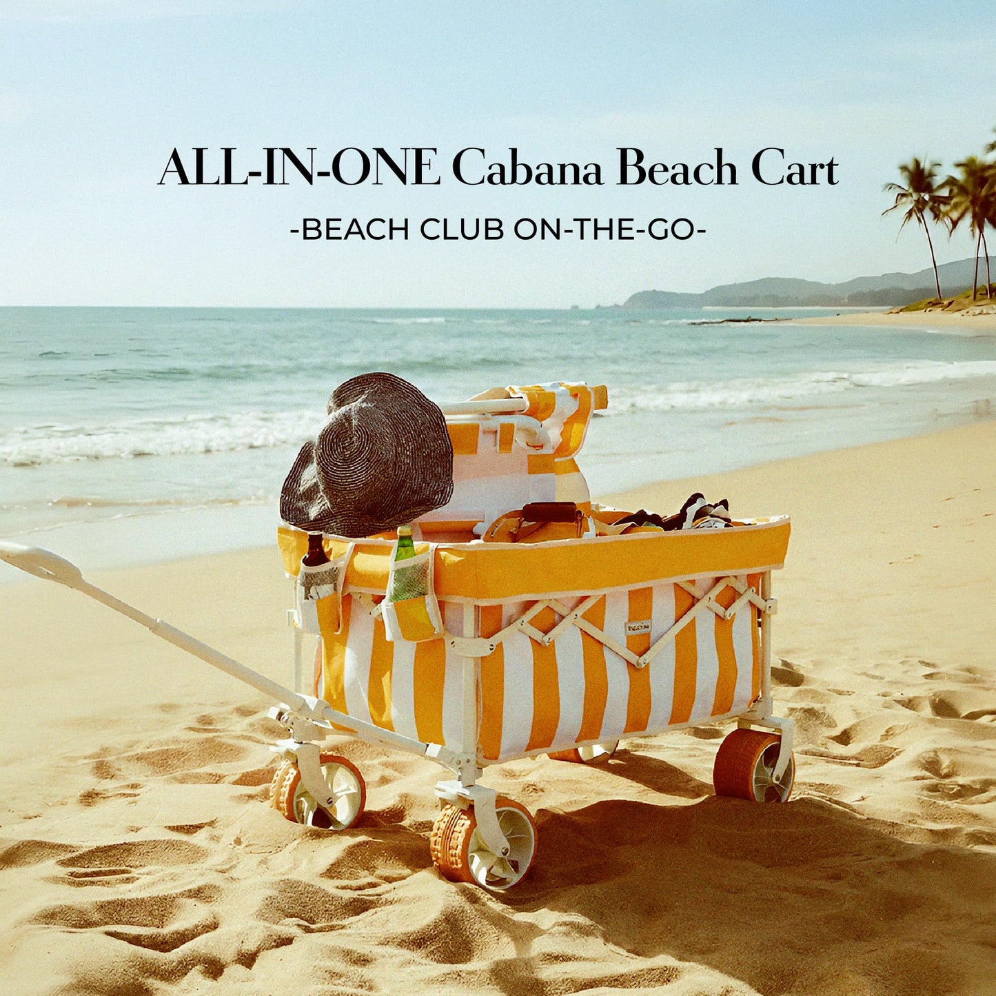 DEER LAND Beach Wagon for Sand with 6.7" Fat Tires, Foldable Beach Cart for Beach & Camping, Large Capacity Easy-Pull Wagon, Cala Serena Ochre Stripe