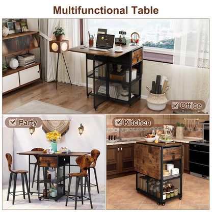 TQVAI Drop Leaf Folding Dining Table 4-6 People Large Heavy Duty Foldable Kitchen Tables with 2 Drawers 6 Wheels 2-Layer Storage Shelf for Small Space Dinging Room Patio Outdoor Camping, Black/Antique