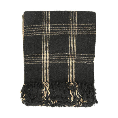 Plaid Black & Tan Fringed Woven Cotton Blend Throw