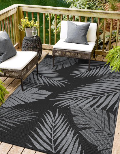sarben Outdoor Rug 8’x10’ Waterproof for Patio Clearance, Reversible Indoor Outdoor Plastic Straw Camping Rug Carpet, RV Mat, Large Area Rug for Deck, Backyard, Balcony, Porch, Beach, Black & Grey