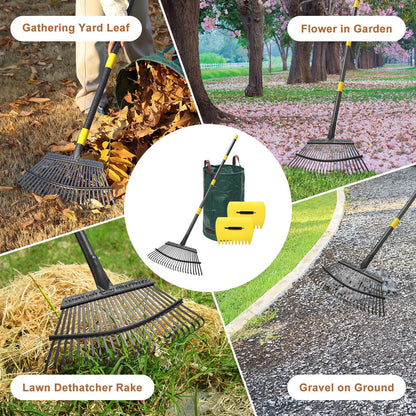 Leaf Rake 18” Wide Heavy Duty Metal 25 Tines Garden Rake Set with 30-75” Adjustable Long Handle for Yard Grass Shrub Mulch Including 32Gallon Garden Bag Leaf Scoops